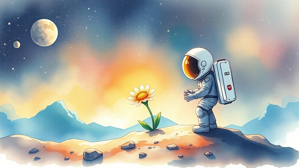 Watercolor style sci-fi illustration of a tiny astronaut discovering a glowing alien flower on a distant planet