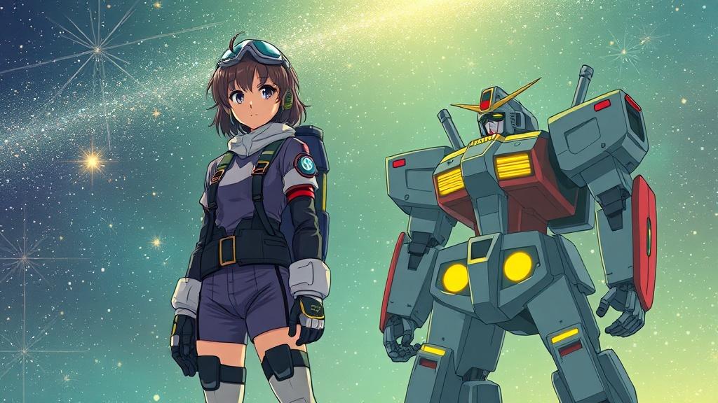 Anime style sci-fi illustration of a teenage space pilot standing with her mecha robot in front of a vast starfield