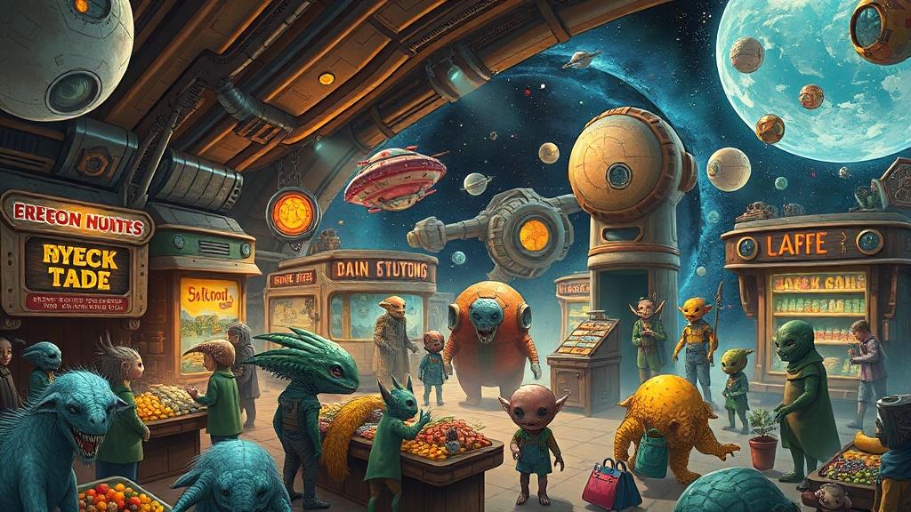 A bustling intergalactic space station with alien creatures trading at a vibrant marketplace, detailed sci-fi children book art