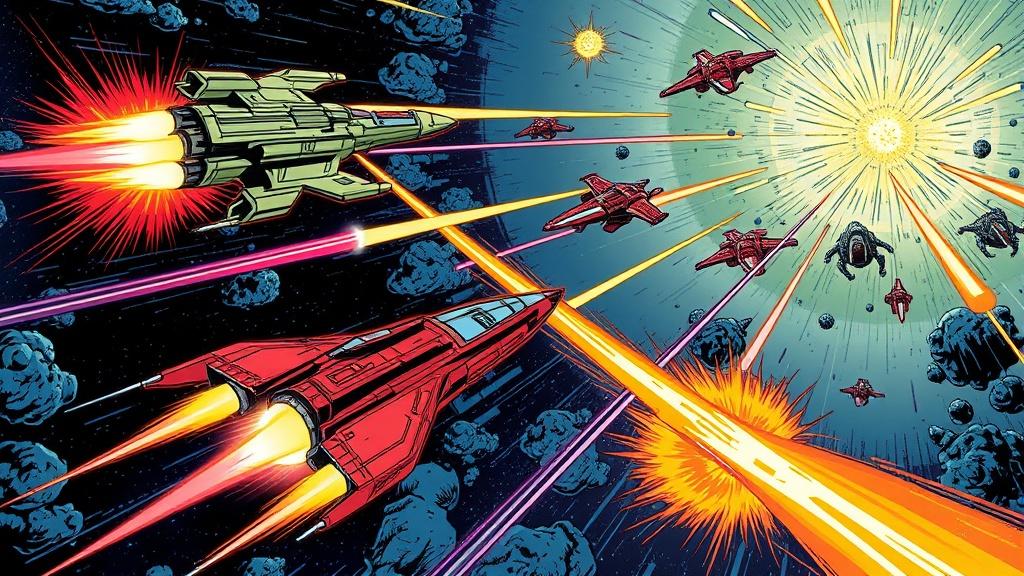 Comic book style sci-fi illustration of a dramatic space battle with colorful spaceships and dynamic energy blasts