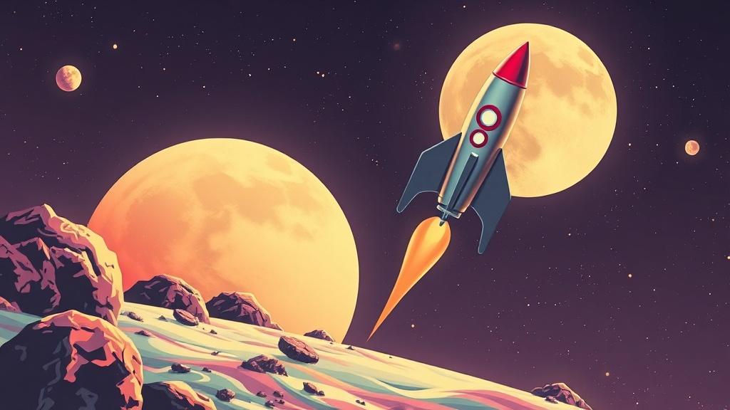 Retro-futuristic style sci-fi illustration of a 1950s rocket ship landing on a candy-colored moon