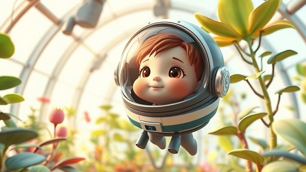 Pixar 3D style sci-fi illustration of a cute kid in a space helmet floating inside a zero-gravity greenhouse