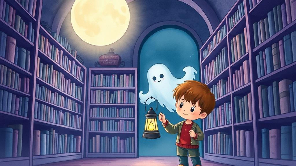 A curious young child holding a tiny lantern inside a moonlit haunted library, friendly pale ghost peeking from behind bookshelves, watercolor storybook illustration
