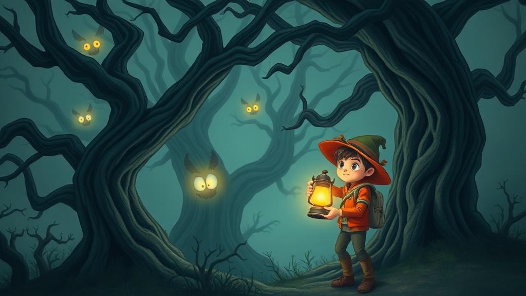 A young explorer with a lantern in a twisted foggy forest with glowing eyes peeking from behind gnarled trees, curious friendly monsters, children storybook horror art
