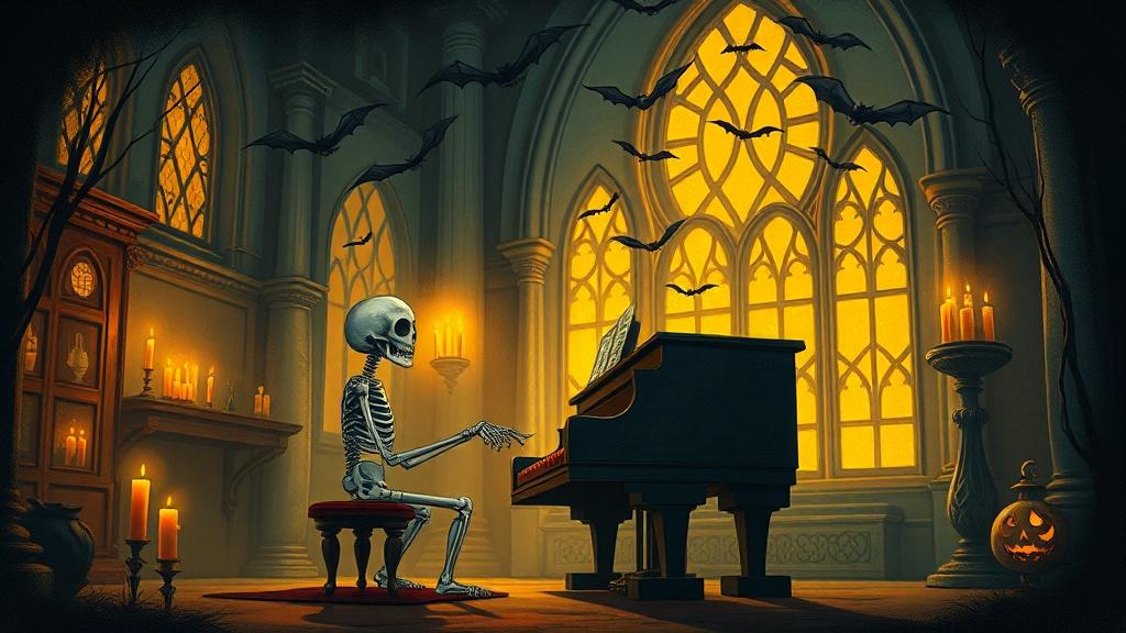 Gothic storybook style illustration of a skeleton child playing piano inside a candlelit mansion with bats flying overhead