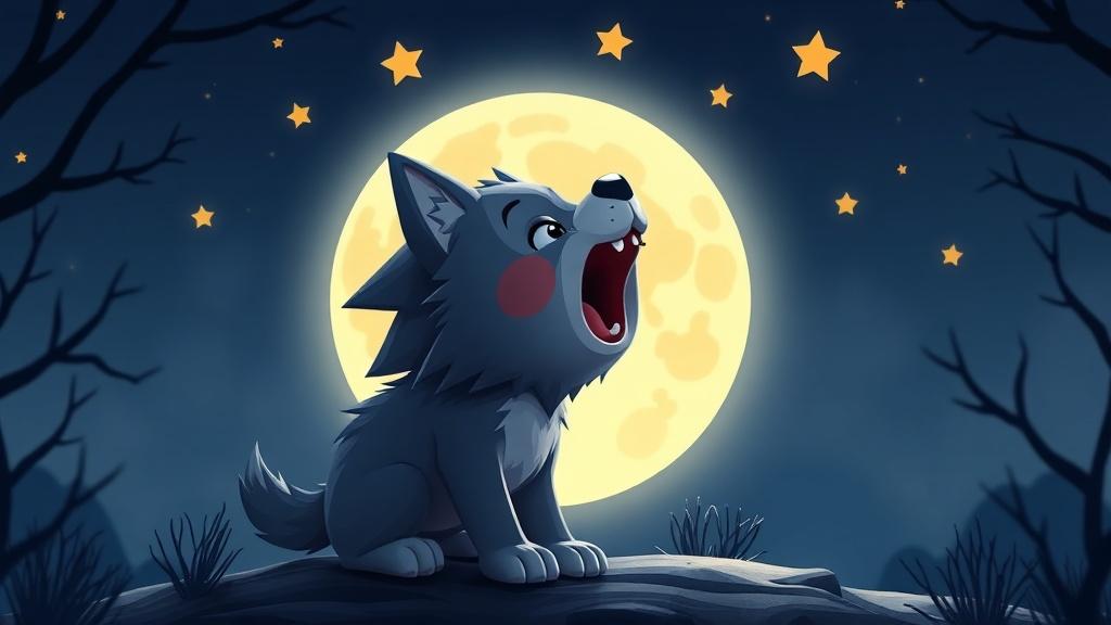 Pixar 3D style horror illustration of an adorable werewolf puppy howling at a friendly full moon with cartoon stars