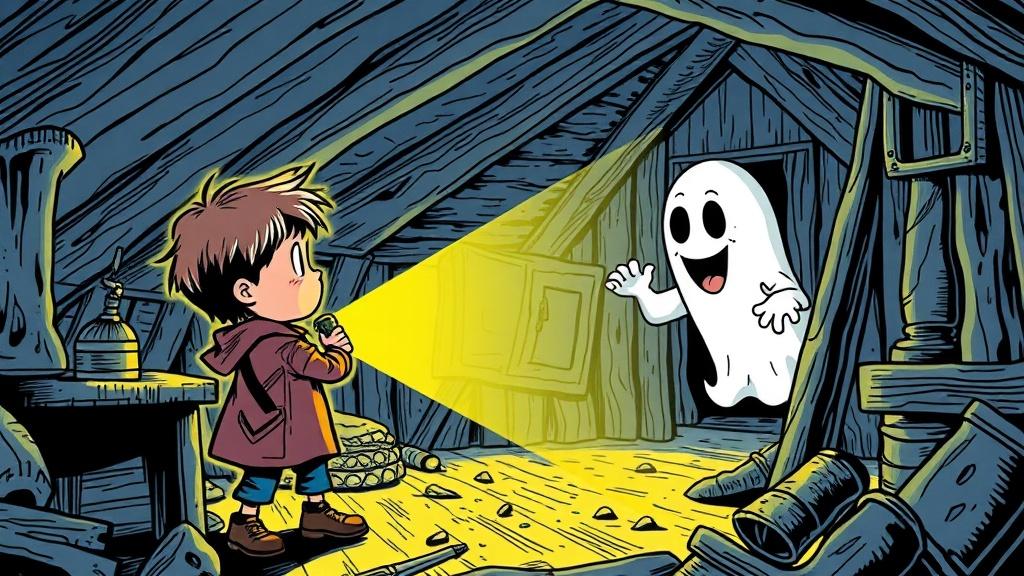 Comic book style horror illustration of a kid-detective shining a flashlight at a giggling ghost in a creaky attic