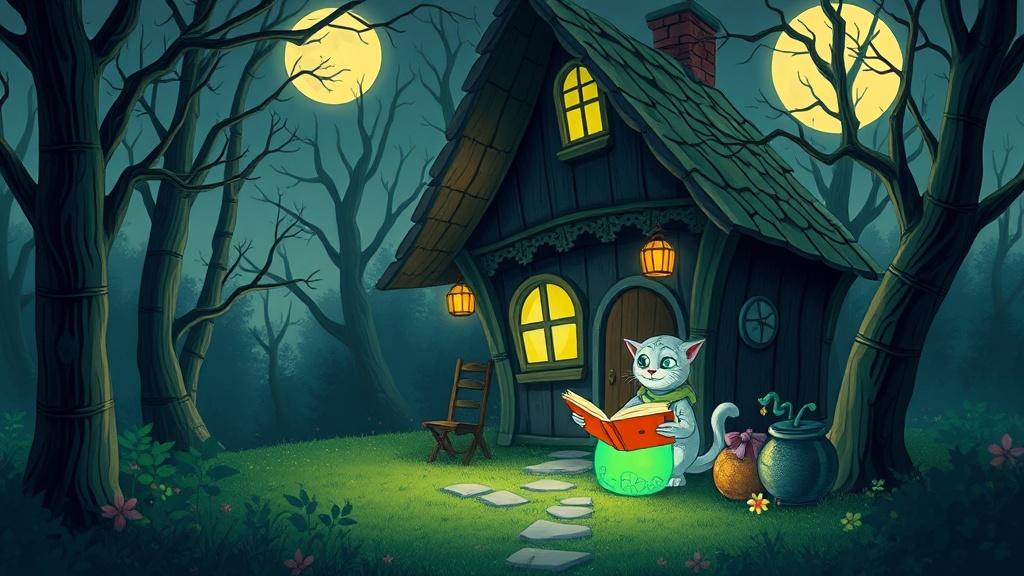 A cozy witch cottage in a moonlit forest with a bubbling green cauldron, a friendly cat and small child reading a spellbook together, storybook horror illustration