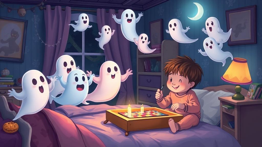 A group of cute pastel ghosts floating through a cozy bedroom at midnight playing board games with a smiling pajama-wearing child, pastel horror storybook illustration