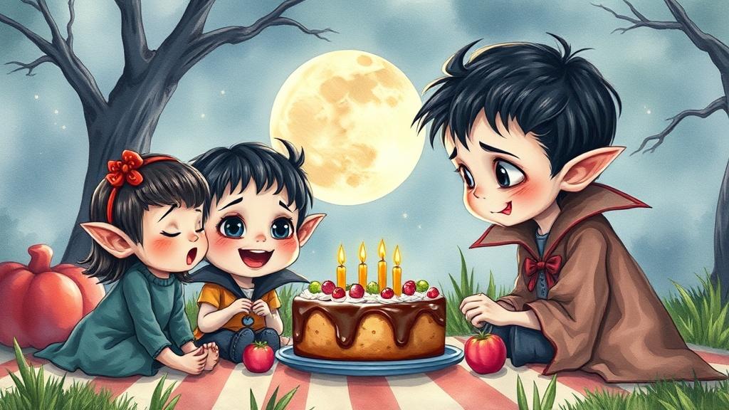 Watercolor style horror illustration of a tiny vampire child sharing cake with friends at a moonlit picnic