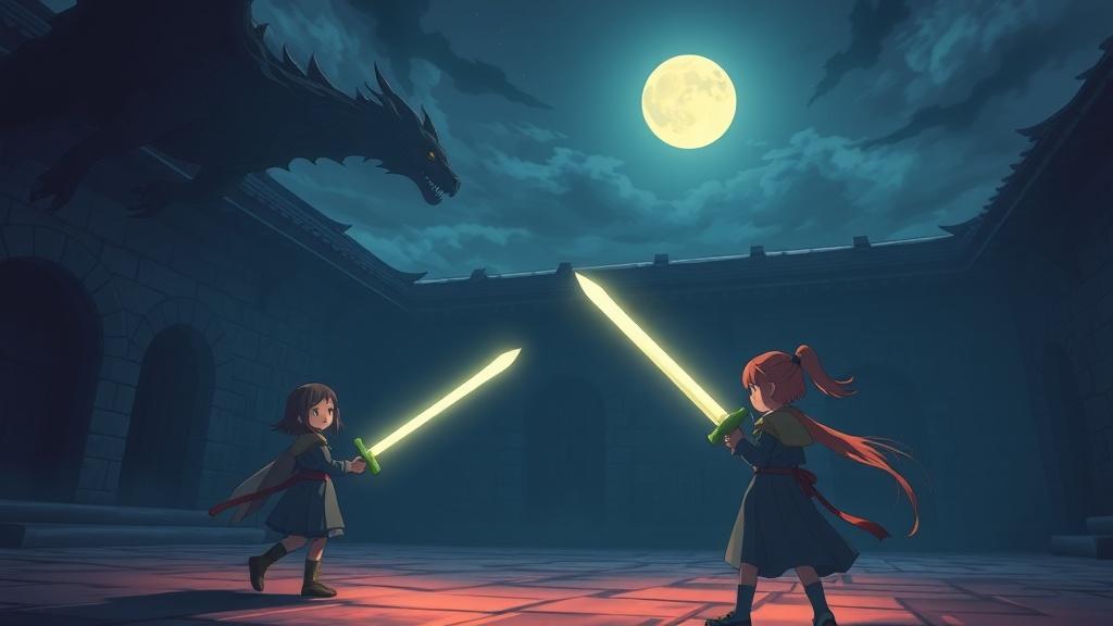 Anime style horror illustration of a teenage girl with glowing sword facing a kind shadow dragon creature in a moonlit courtyard