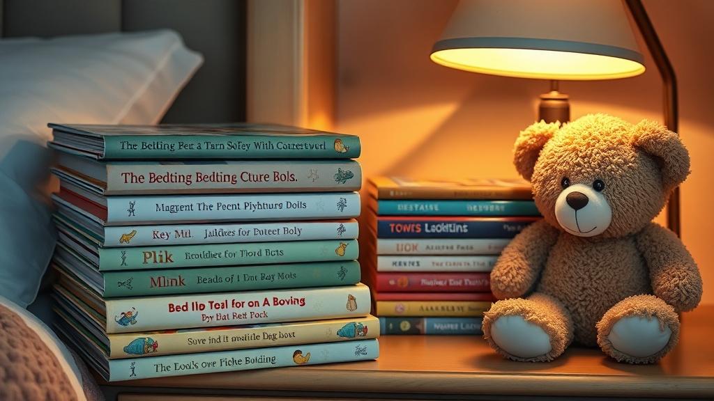A collection of illustrated bedtime picture books stacked on a nightstand next to a teddy bear and warm lamp