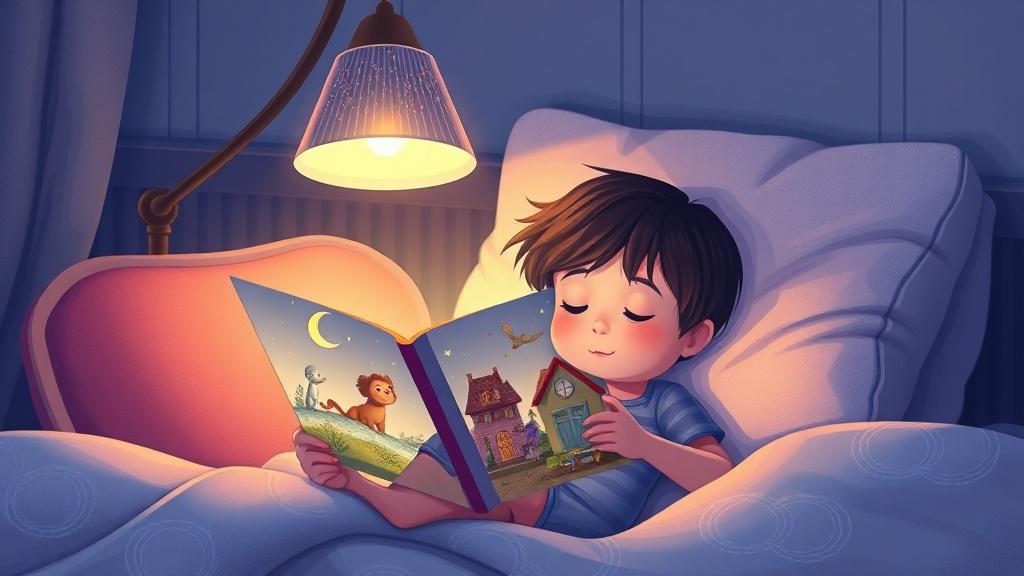 A cozy nighttime scene showing a parent reading a beautifully illustrated bedtime picture book to a sleepy child under warm lamp light