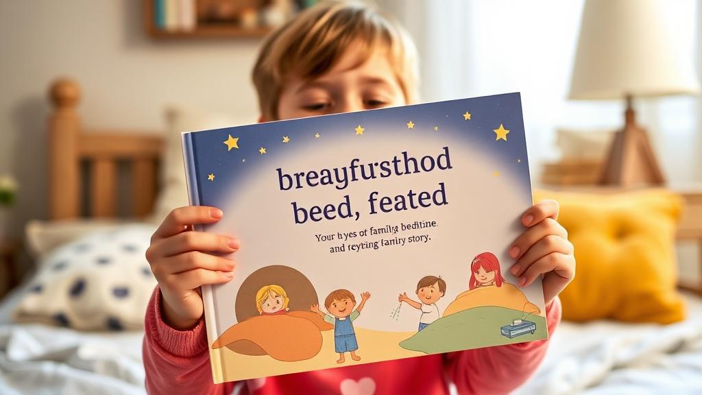 A child happily holding up their personalized bedtime picture book made from a family bedtime story