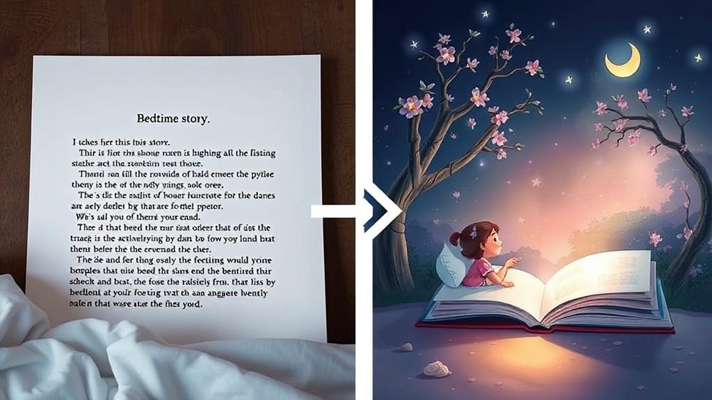A side-by-side comparison showing a typed bedtime story transforming into a beautifully illustrated picture book spread