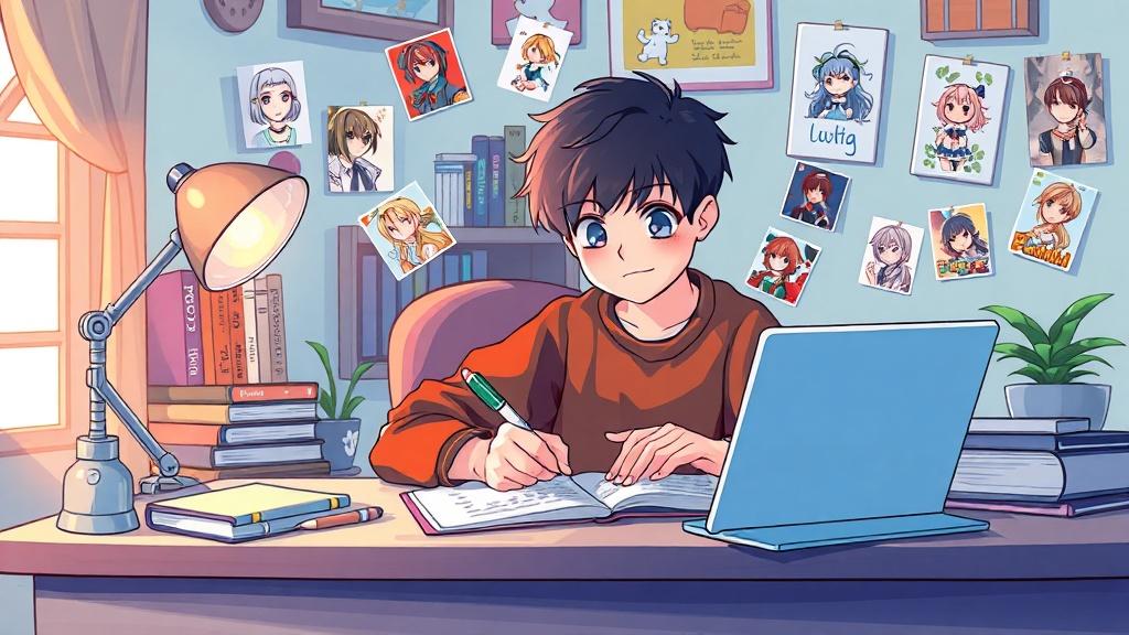 A Gen-Z writer at a cozy desk with favorite anime and book character illustrations floating around them