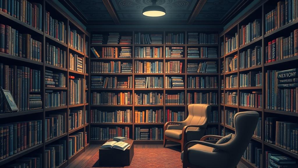A fandom library with shelves of alternative universe books and cozy reading nook