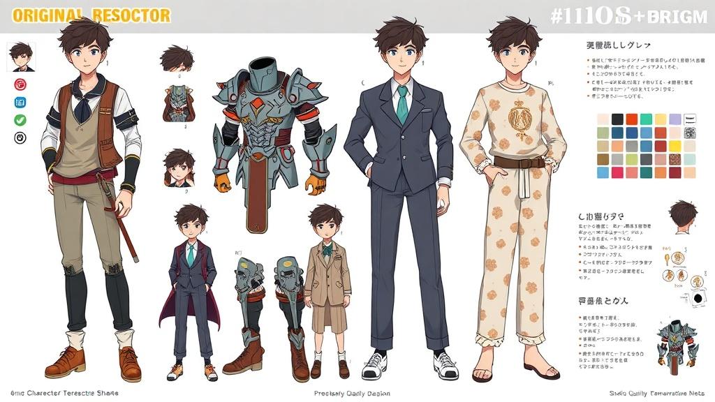 Original character reference sheet showing same OC in multiple outfits and expressions with color palette