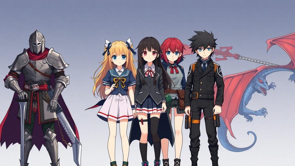 Lineup of five diverse original characters designed together as an ensemble cast with consistent art style