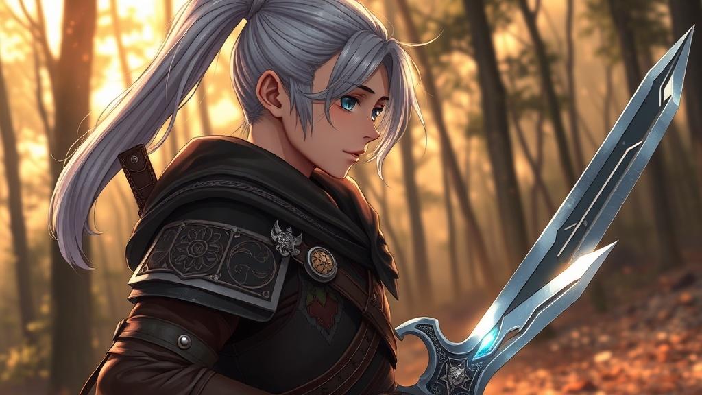 Original character warrior with silver hair and enchanted sword in forest at golden hour