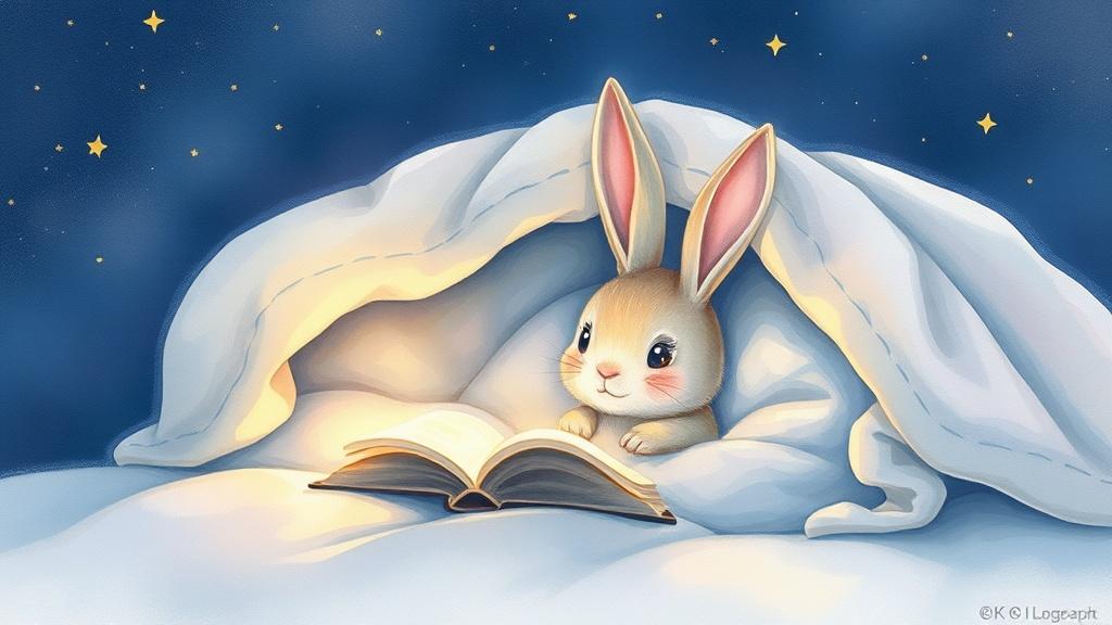 A bedtime illustrated story made with the AI story maker — a rabbit tucked under a starry quilt with a glowing book
