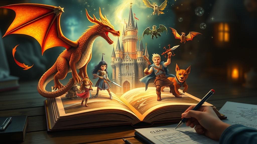 An AI story maker projecting glowing illustrated scenes — a dragon, a castle, diverse heroes — from an open storybook