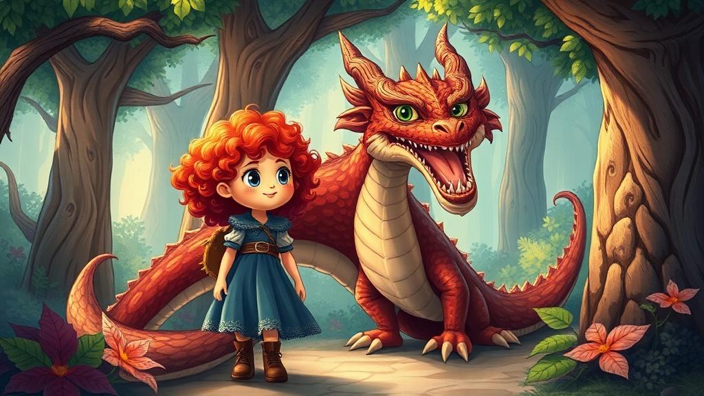 A fantasy illustrated story page made with an AI story maker — a brave girl with curly red hair beside a friendly dragon