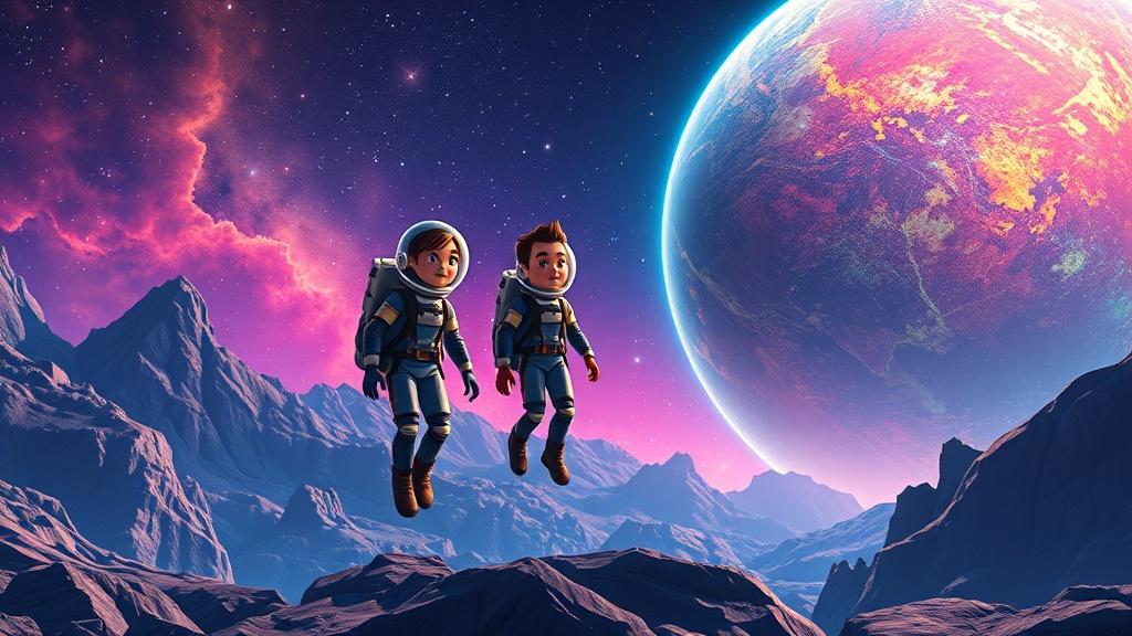 A sci-fi illustrated story made by the AI story maker — young explorers in spacesuits near a colorful alien planet