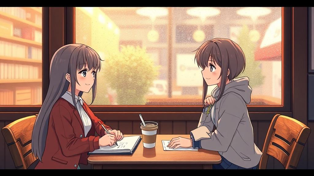 Coffee shop AU illustration with two anime characters sharing a rainy-window table