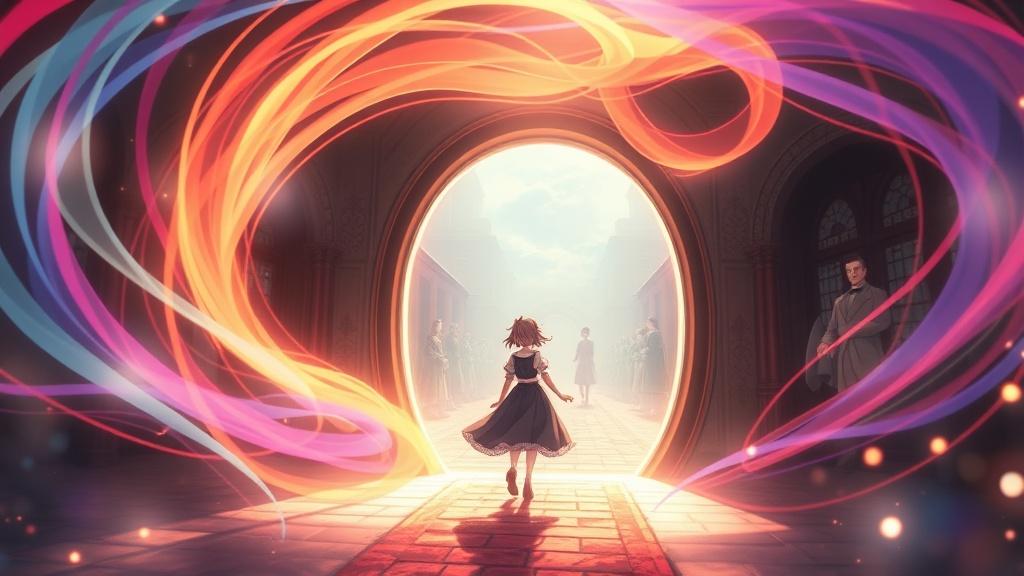Time travel fanfic scene with original character stepping through a glowing portal