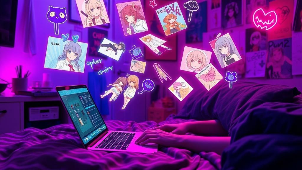 A Gen-Z fanfic writer at a cozy desk with glowing anime characters and manga panels swirling around the laptop