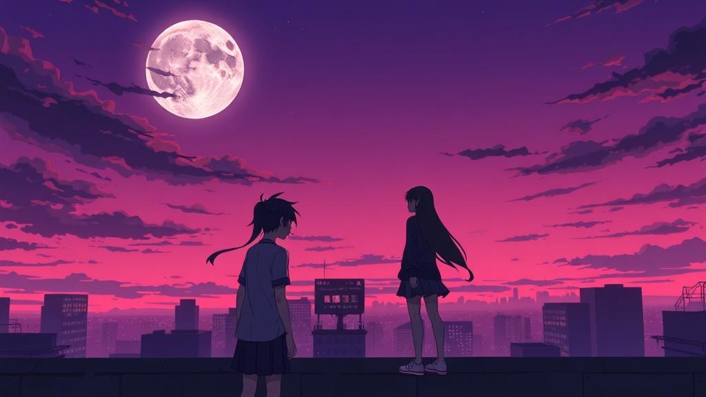 Anime fanfic scene — two rival characters in a moonlit rooftop standoff becoming a confession