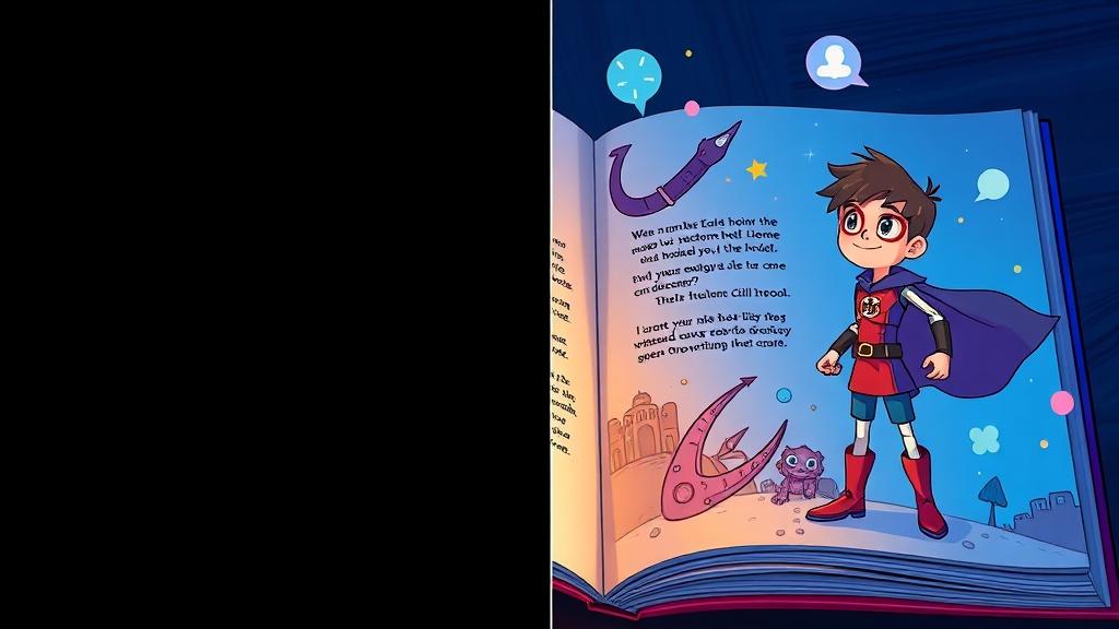 Side-by-side comparison of a plain text chat interface versus an illustrated storybook page with a custom original character