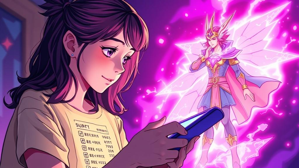 Teen writer creating her own original character on a glowing tablet as the character materializes as an illustrated hero