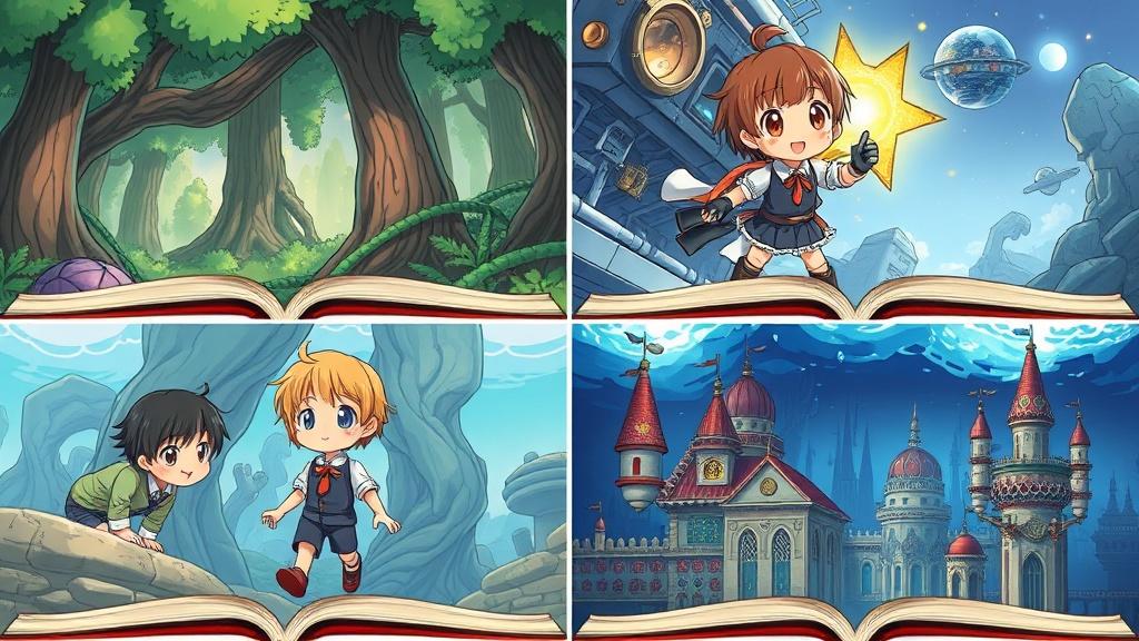 Same custom anime character shown in four different illustrated book spreads with perfect consistency