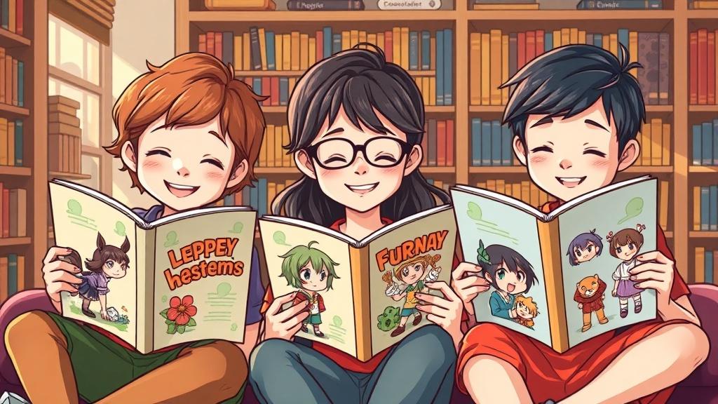 Three friends reading illustrated books each starring their own custom original characters