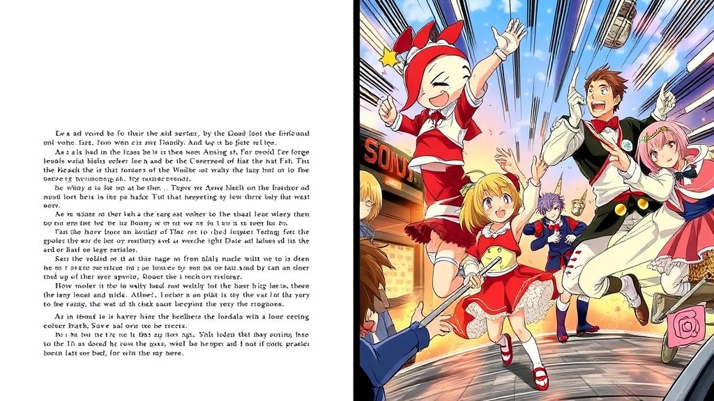 Side-by-side comparison of a plain text fanfiction page and the same scene rendered as a vibrant illustrated manga book spread