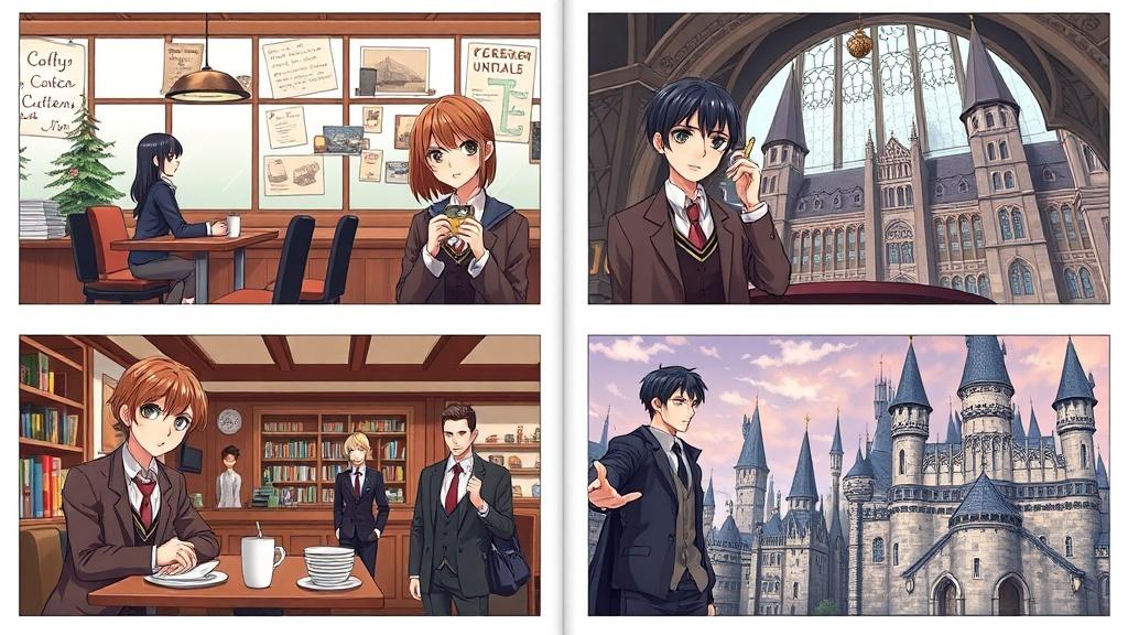 Same anime-style OC shown across four different illustrated fanfic spreads — coffee shop AU, wizarding school, modern mafia, fantasy kingdom — with perfect consistency
