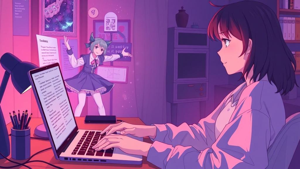 Teenage fanfic writer typing on her laptop with ship characters stepping out of the screen as fully illustrated heroes