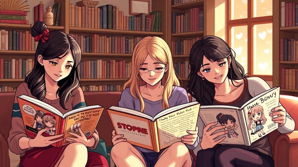 Three fandom friends reading illustrated fanfic books starring their own OCs and ships in different styles — manga, storybook, cartoon