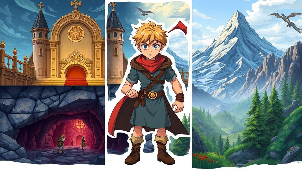 Same illustrated fantasy hero shown across four different adventure scenes — castle throne room, deep dungeon catacombs, dragon mountain, enchanted forest — with perfect character consistency
