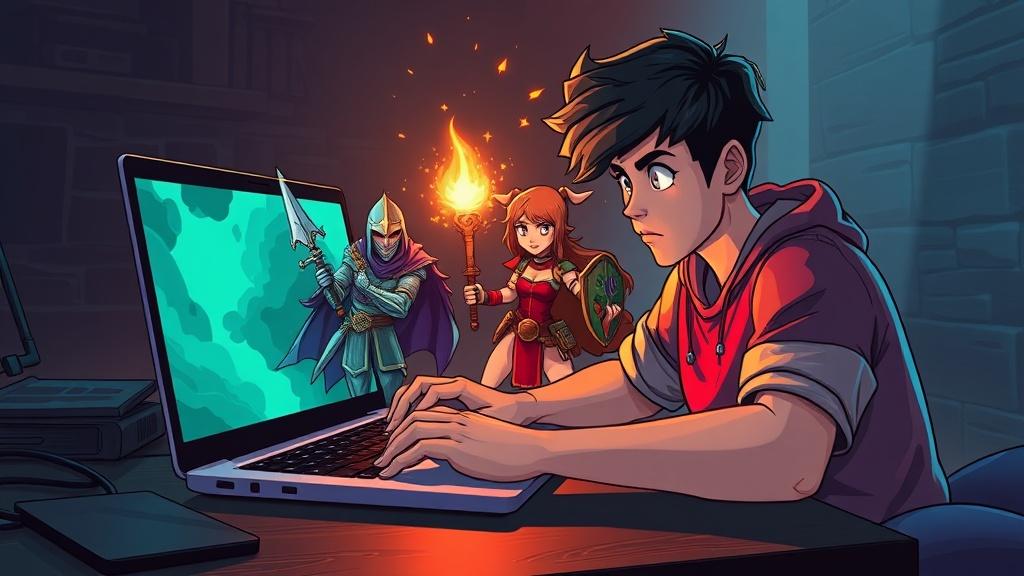 Teenage gamer typing on laptop with their AI dungeon adventure characters stepping out of the screen as fully illustrated heroes — paladin, sorceress, goblin sidekick