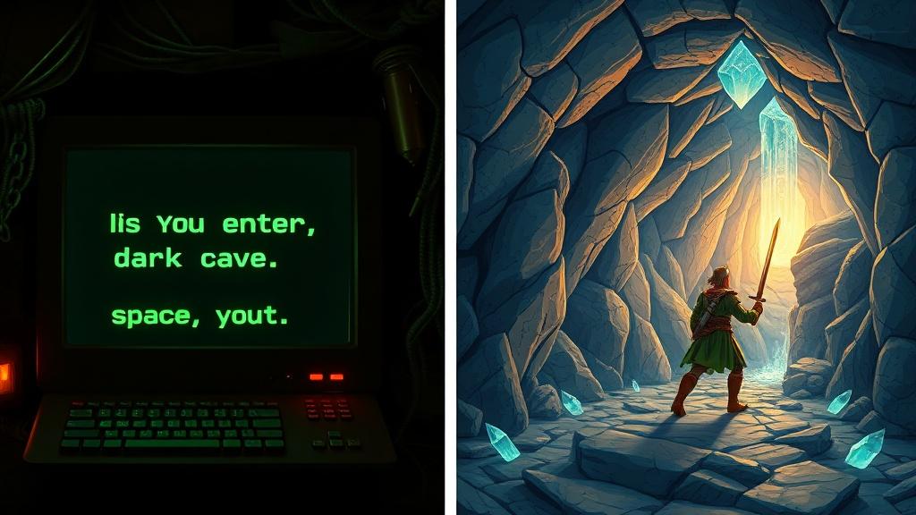 Side-by-side comparison of a green text-adventure terminal showing AI Dungeon prose and the same scene rendered as a vibrant illustrated picture book spread of a hero entering a glowing crystal cave