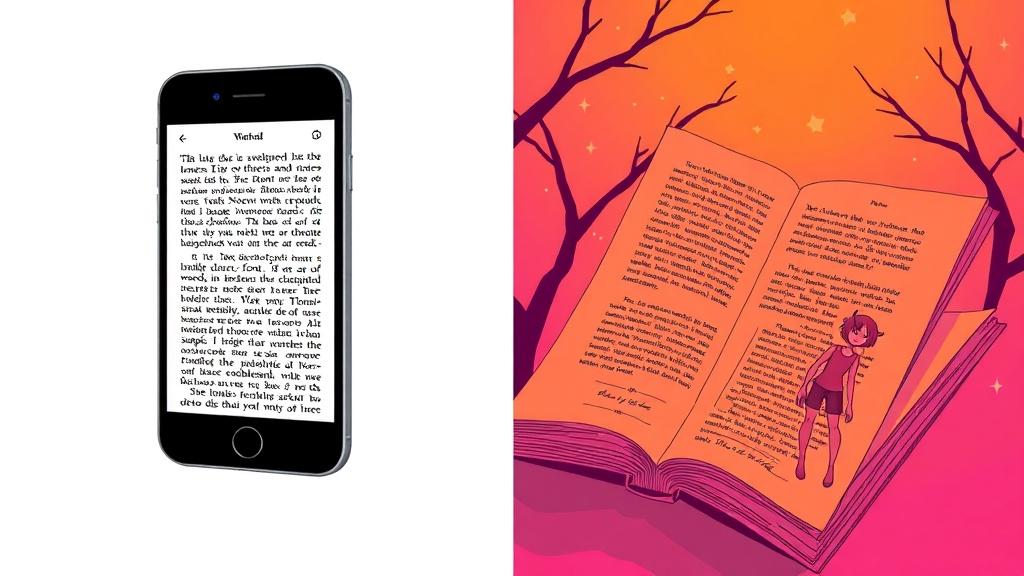 Side-by-side comparison of a Wattpad-style reading app showing plain scrolling text next to the same teen romance story transformed into a vibrant illustrated picture book spread with pink and orange glow