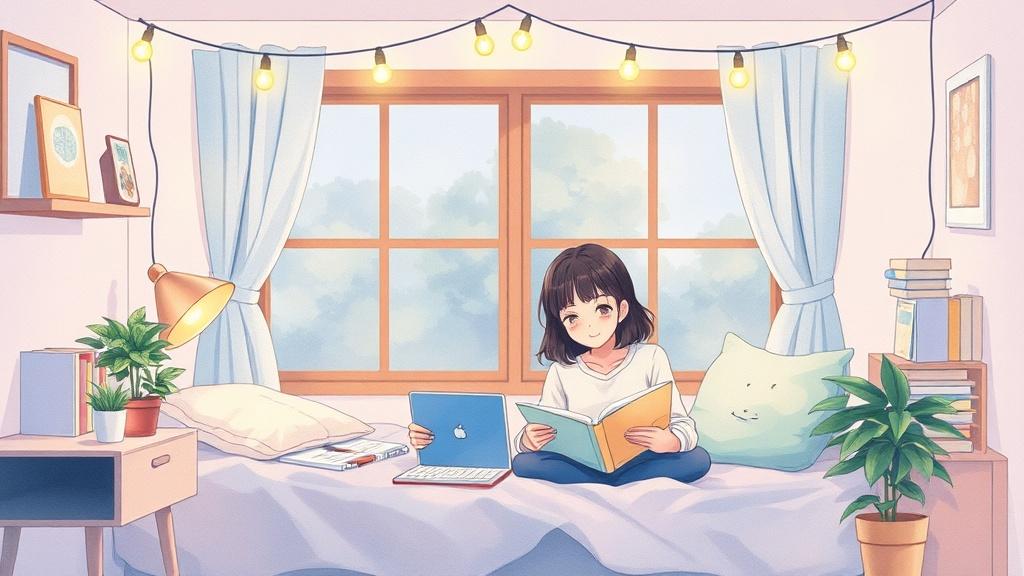 Cozy college AU illustration with best friends studying together under string lights in a dorm room in pastel watercolor with soft anime faces Wattpad cover vibe
