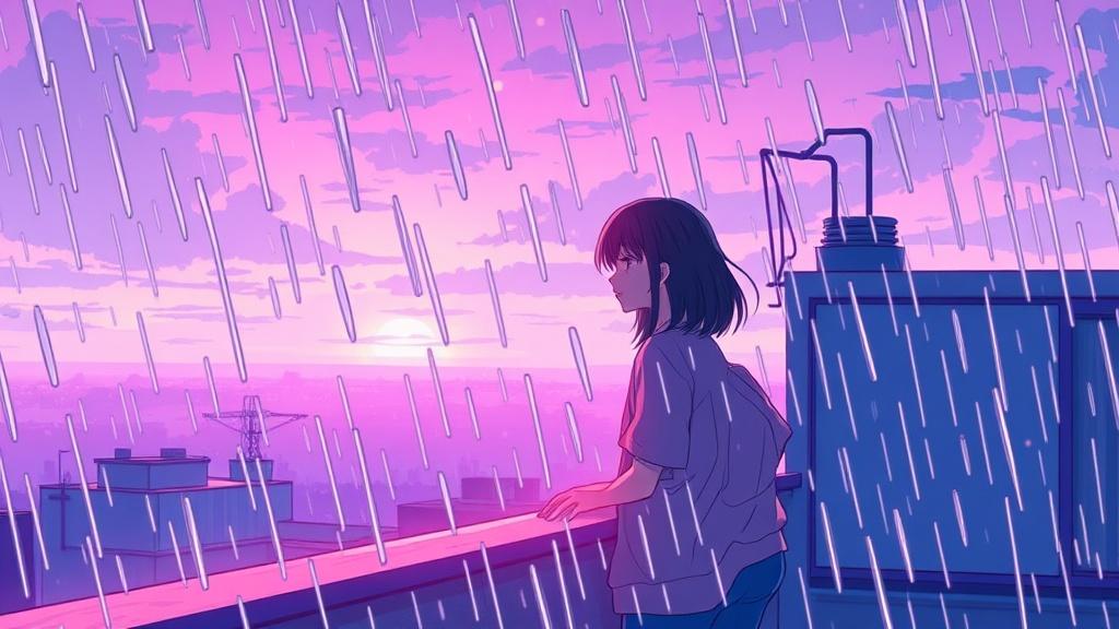Enemies-to-lovers romance illustration with two teen characters caught on a rainy rooftop at dusk in manga key-visual style with pink and violet color grading