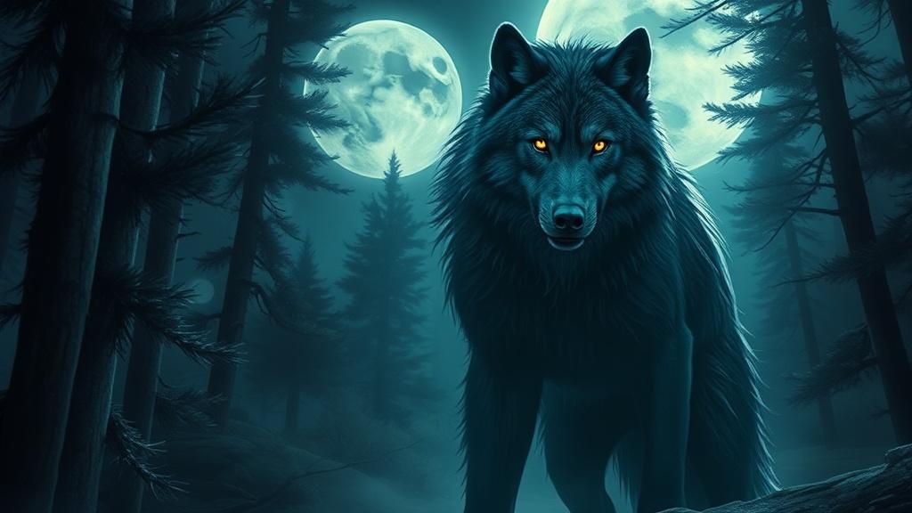 Werewolf moonlight transformation scene with a mysterious alpha hero in a pine forest with glowing eyes illustrated shifter romance cinematic style