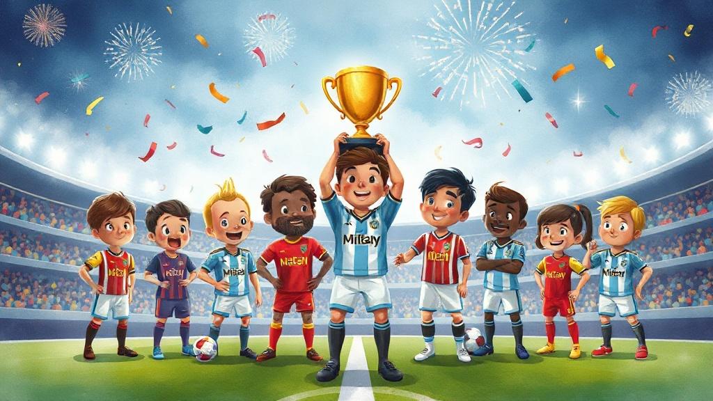An illustrated children book spread showing a squad of cartoon football heroes celebrating an unbeaten season, the captain holding a golden trophy under confetti and stadium fireworks