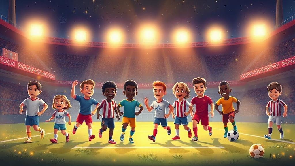 A fantasy football dream team lineup transforming into the cartoon characters of an illustrated children storybook, eleven players walking off a glowing team sheet into a picture book