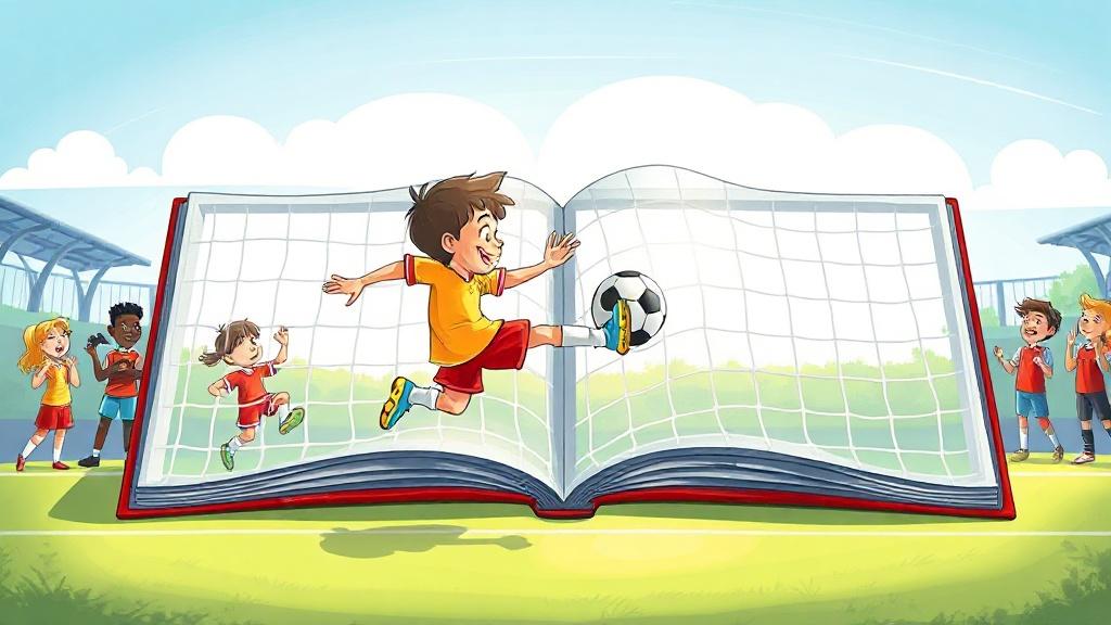An AI-generated soccer picture book for kids open to a spread of a young player scoring a bicycle-kick goal with teammates cheering on a green pitch under a blue sky
